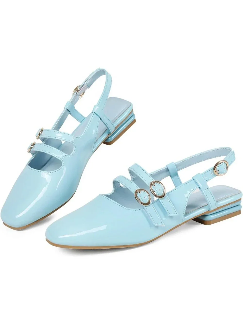 Women's Sky Blue Faux Leather Closed Square Toe Strap Slingback Low Heels Pumps